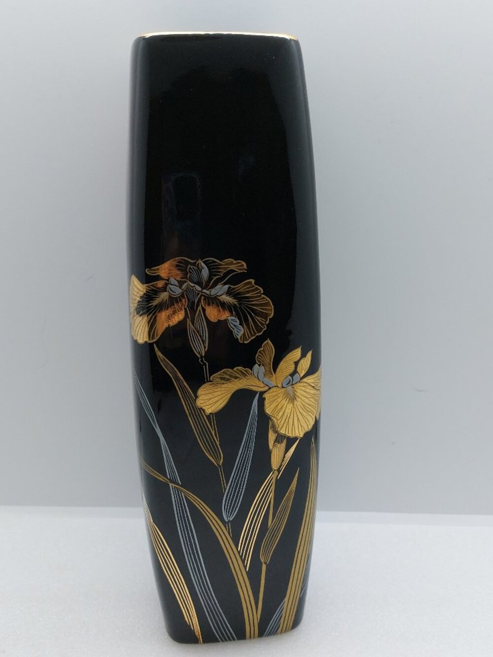 Vintage Black Ceramic Vase Metallic Gold & Silver Iris Flower Japan